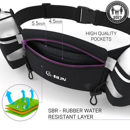 Q-RUN Hydration Running Belt with Bottles - Water Belts for Woman and Men - iPhone Belt for Any Phone Size - Fuel Marathon Waist Pouch for Runners - Jogging Cycling Biking, Purple