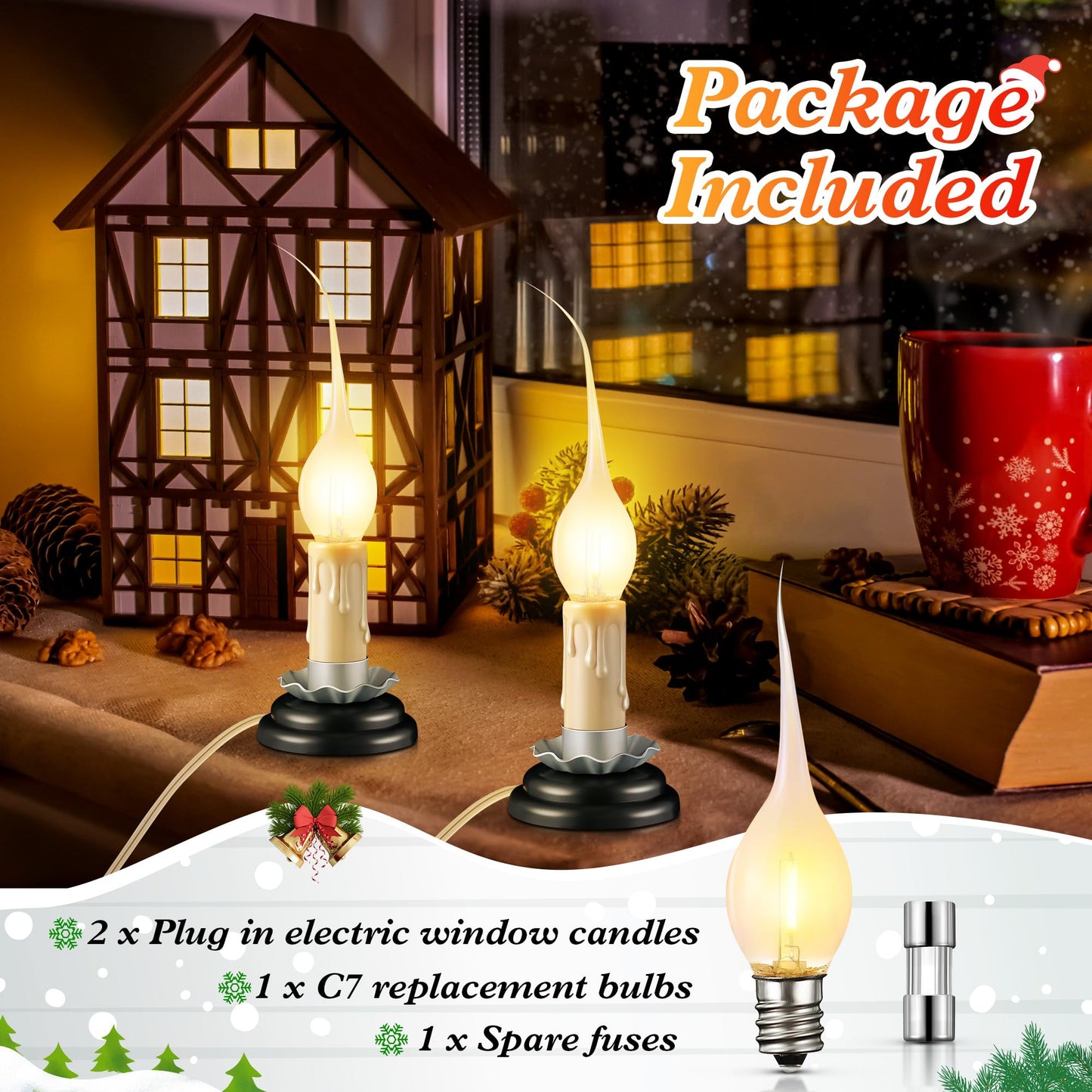 Enhon 2 Pack 3 in Rustic Country Candle Light with Replacement LED Bulbs, UL Certification Electric Christmas Window Candles Light with On/Off Switch, 0.6W C7 Candlestick Lamp, 5Ft Cord