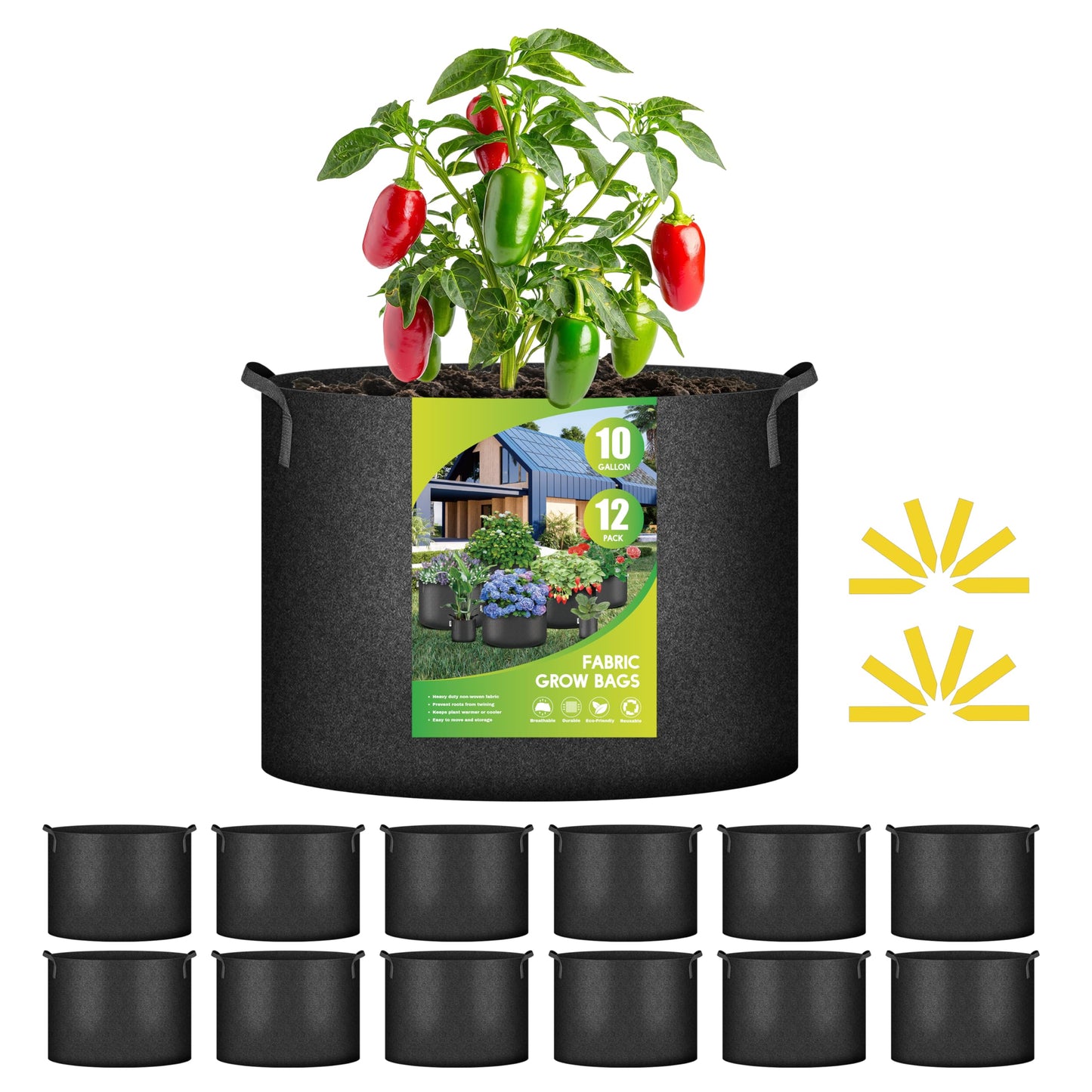 iPower 12-Pack 10 Gallon Grow Bags Heavy Duty Thickened Aeration Nonwoven Fabric Pots with Nylon Handles and 12 Labels for Planting Vegetables, Fruits, Flowers, Black