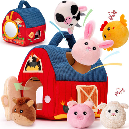hahaland Baby Toys 6-12 Months - Surprise Barn Stuffed Farm Animals, Rattle, Crinkle, Mirror, Montessori Toys for 6 Month Old Babies Sensory Balls Toddlers 1-3 Gifts Christmas Baby Stocking Stuffers