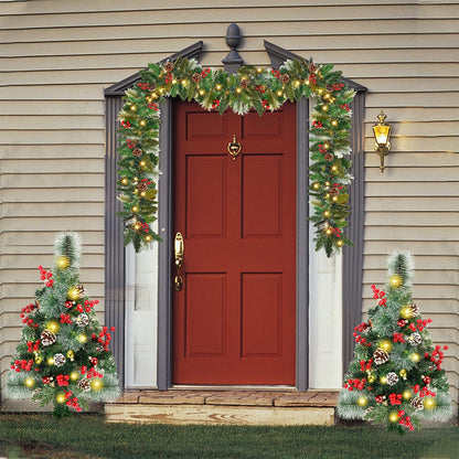Juegoal 2 Pack 30 Inch Pre-Lit Pathway Christmas Trees, Artificial Christmas Urn Filler with 60 LED Lights, Red Berries, Pine Cones & Balls Ornaments, Battery Operated Holiday Decor for Driveway, Yard