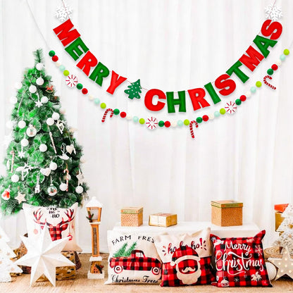 Unique Merry Christmas Felt Banner with Peppermints Candy Cane, Handmade Felt Ball Christmas Garland,Holiday Party Supplies for Xmas Tree Wreath Mantel Fireplace Wall Home Modern Christmas Decorations