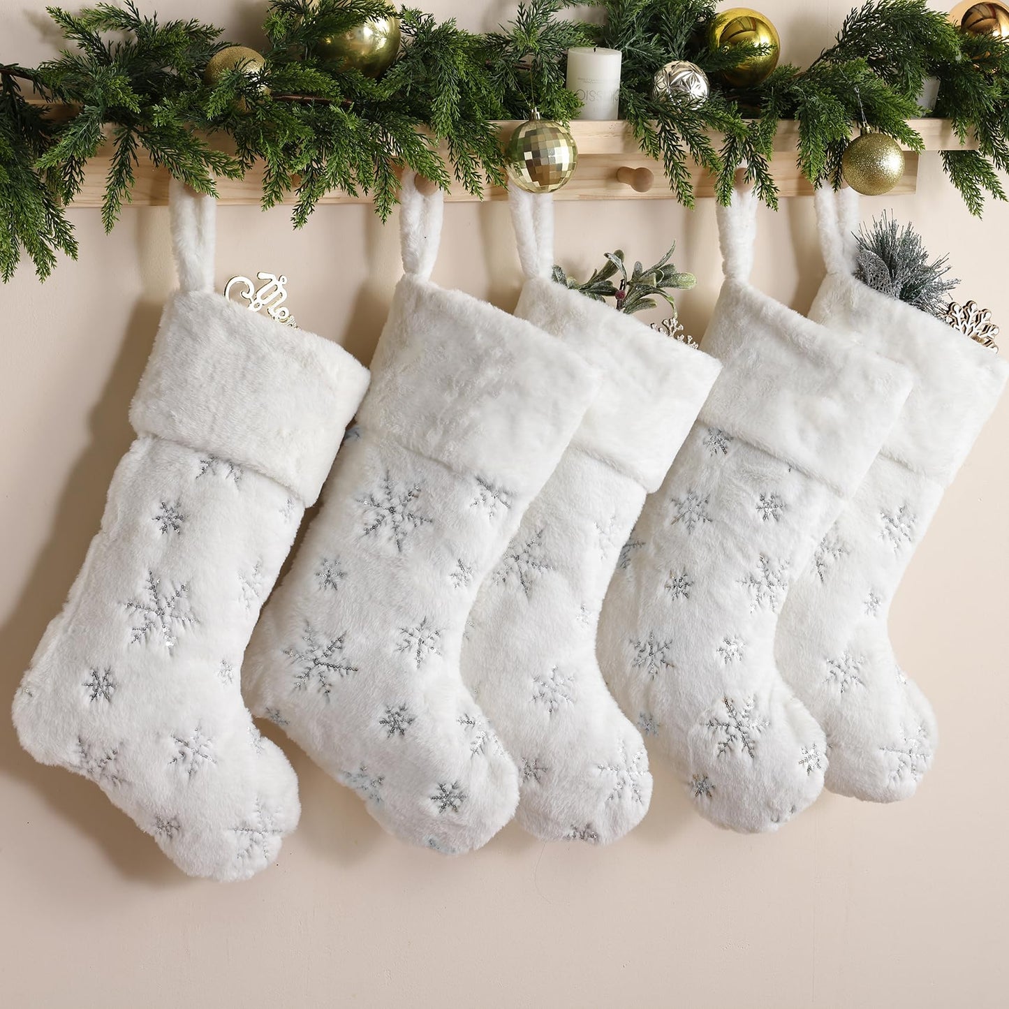 CARAKNOTS White Christmas Stockings 3 Pack 21 inches Large Neutral Luxury Christmas Stockings for Family Kids Faux Fur Xmas Silver Farmhouse Fireplace Hanging Decorations