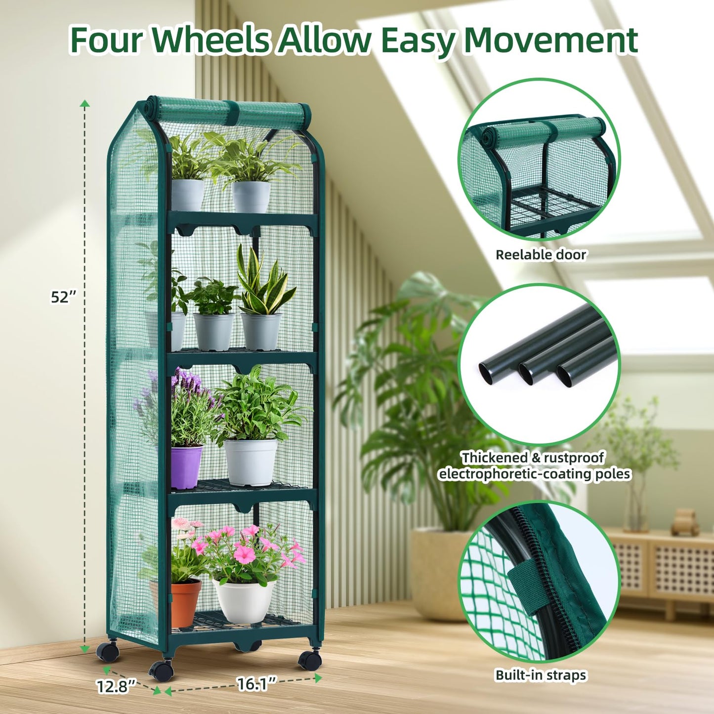 Ohuhu Mini Greenhouse for Indoor Outdoor, Small Plastic Plant Green House with Locking Wheels Portable Greenhouses with Durable Cover for Seedling, Ideal Gardening Gifts for Women Men Green