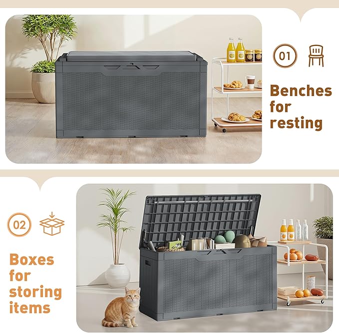 Greesum 100 Gallon Resin Deck Box Large Outdoor Storage Boxes with Cushions for Garden Tools, Patio Furniture Pillows, Pool Supplies, Gray