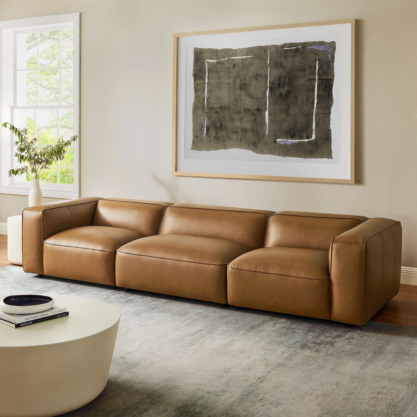 Modway Auren Vegan Leather 3 Piece Modular Sofa in Camel - Faux Leather 3 Seater Couch - Comfy Mid Century Modern PU Leather Sofa for Living Room, Apartment, Loft