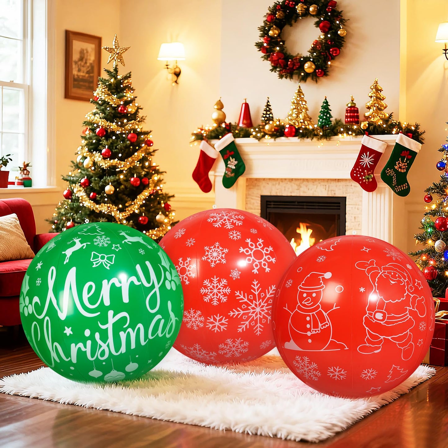 TaoQ C 3 PCS 32 Inch Christmas Inflatable Balloons PVC Large Christmas Inflatable Outdoor Balls for Xmas Garden Lawn Yard Holiday Front Door Decoration