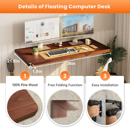IAE Floating Wall Mounted Folding Table Desk with Pine Wood,36" x 22" Folding Workbench,Fold Down wall Mounted Foldable Table with Shelf Brackets,Laundry Folding Table for Apartment,Home,Kitchen,Brown