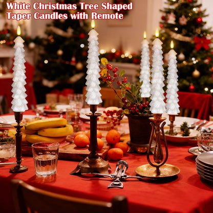 GenSwin Christmas Tree Flameless Candles with Remote Timer, White Christmas Tree LED Taper Candles with 3D Flickering Flame, 4 Pcs LED Candlesticks for Christmas Winter Home Decoration(0.78” x 9.8”)