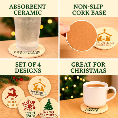 for Unto Us A Child is Born Nativity Scene Christmas Coasters Set of 4, Absorbent Ceramic with Non-Slip Cork Backing – Christian Religious Holiday Drink Coasters for Coffee Table, Home, Church Decor