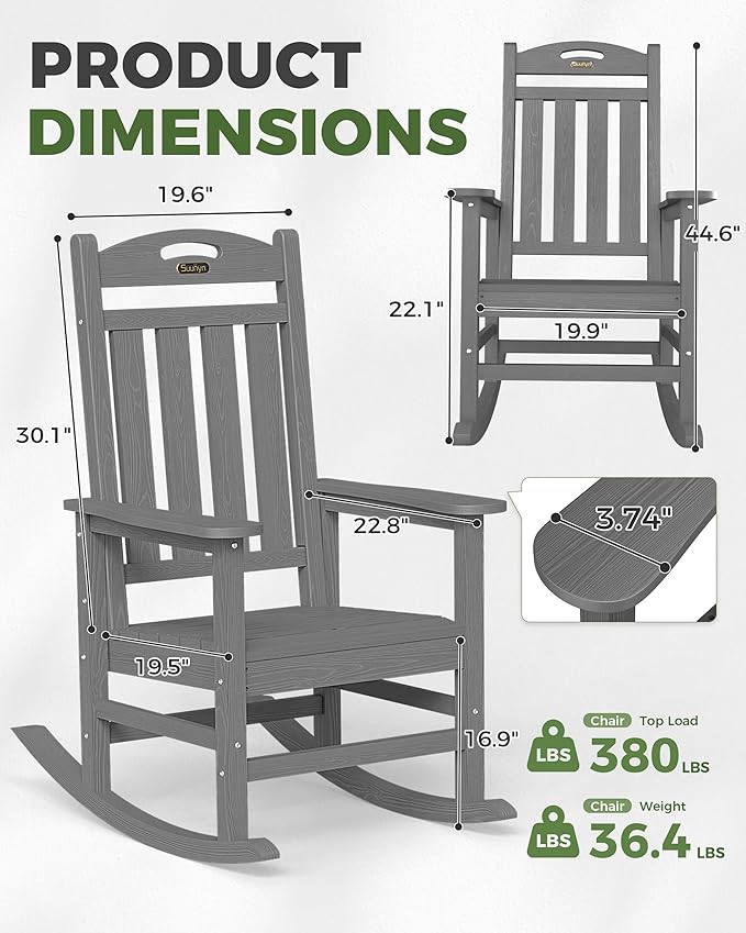 Oversized Outdoor Rocking Chair Set of 4, High Back Porch Rocker Chair, HDPE Rocking Chairs for Patio, Living Room, Light Grey