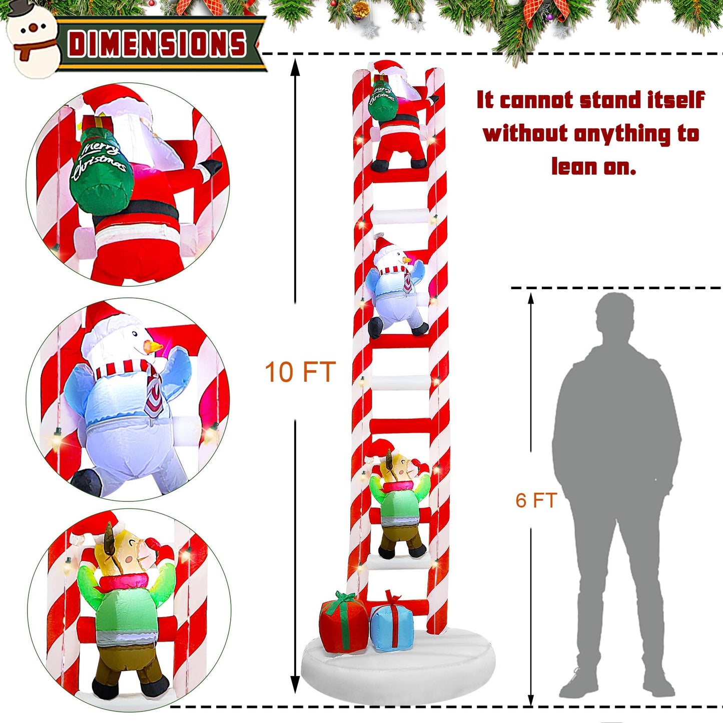 Joliyoou 10FT Christmas Inflatable Decorations, Giant Lighted Ladder Blowups Climbed with Reindeer, Santa, Snowman, C7 String Lights for Xmas Winter Holiday Roofs Trees Balconies Decor