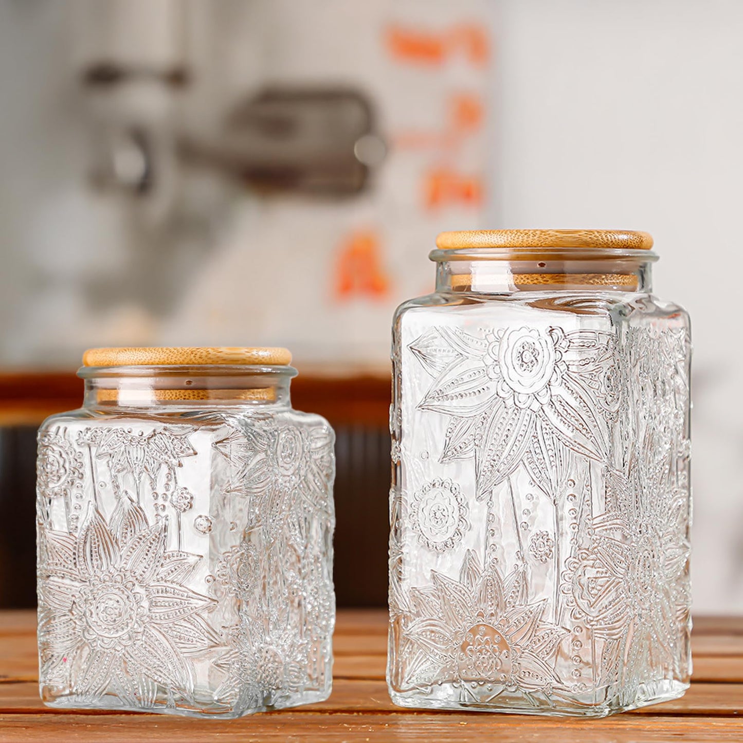 Custde Glass Storage Jars With Airtight Lid, 35oz Canister For Kitchen Counter with Bamboo Lid, brown sugar, candy, coffee, cookie, salt, tea,pantry cute Jar (Large Square Sunflower)