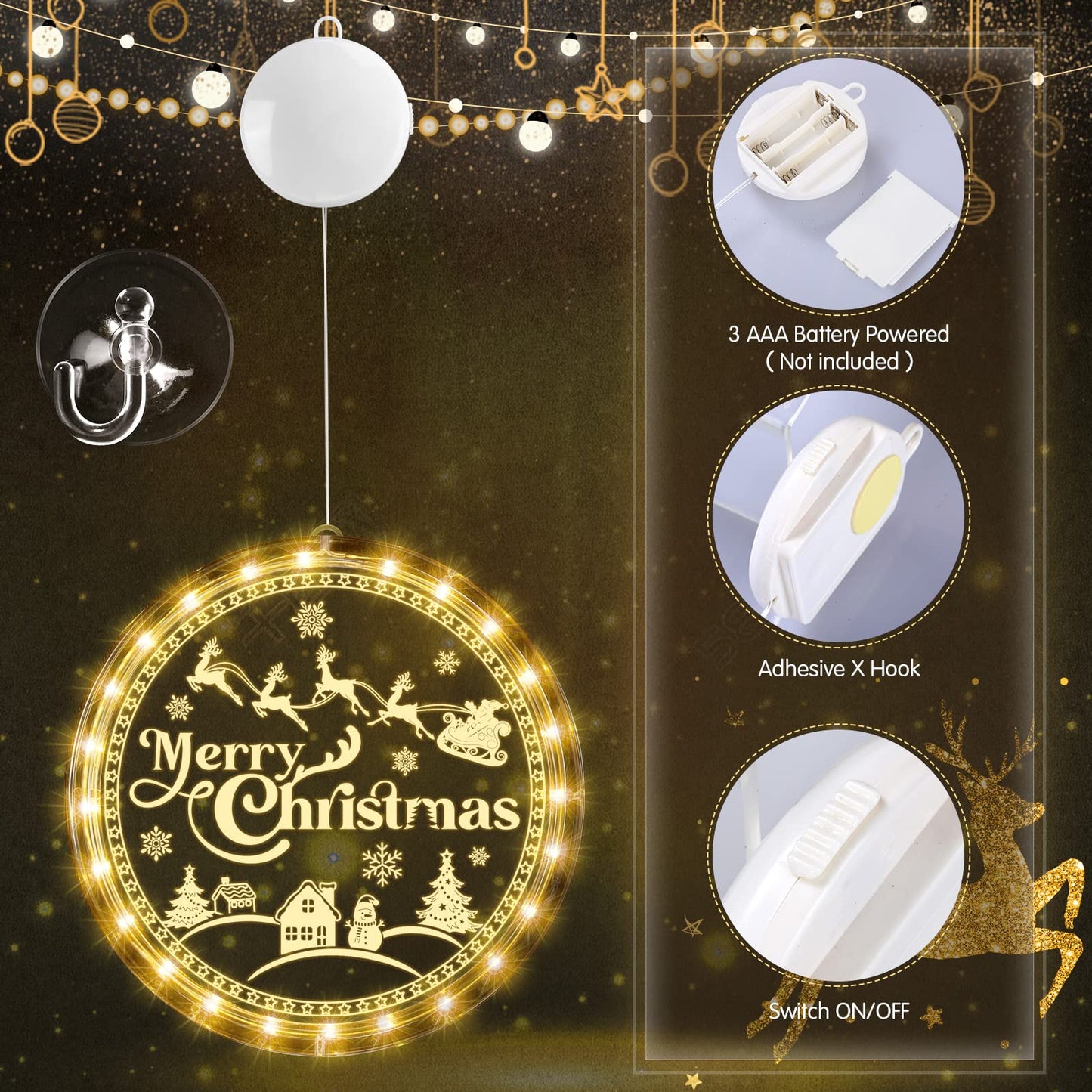 Tiamon Merry Christmas Window Light Decorations Xmas LED Decorative Window Battery Operated 3D Acrylic Hanging Light with Suction Cup Hooks for Holiday Party Windows Wall Bedroom Decor, Warm White