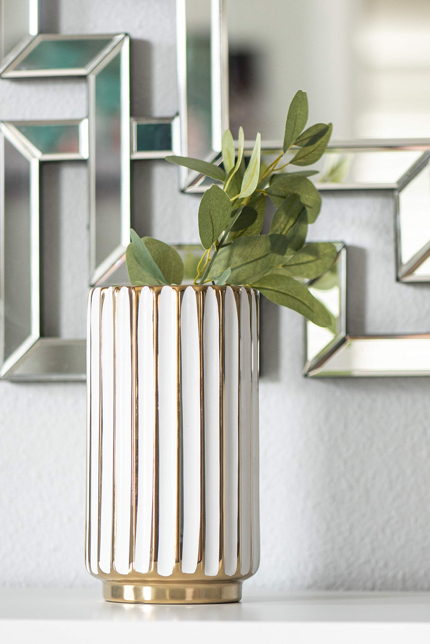 jupriverco White & Gold Vase-Elegant Home Decor-Flower Vase-Kitchen Centerpiece-Geometric Ridges-Beveled Bottom-Modern/Contemporary Design - Wedding Table Accent - Boho Pottery - Gold- H-8.27" D-4.74"