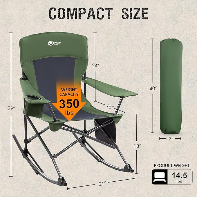 Portal Outdoor Rocking Chair Camping Folding Portable Rocker with Cup Holder Side Pocket Carry Bag, Support 350LBS (Green), 2 Pack