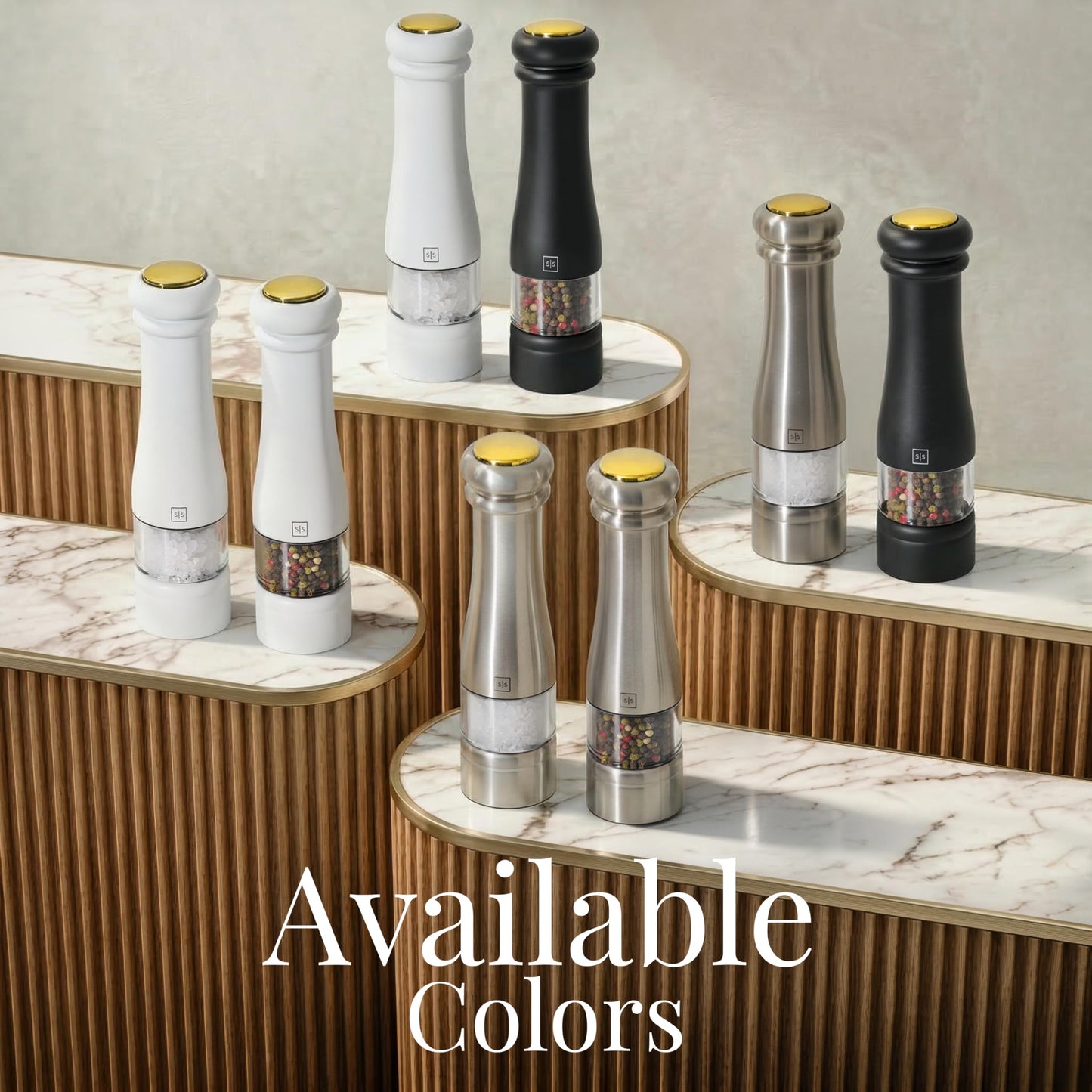 Electric Salt and Pepper Grinder Set - Styled Settings Electric Salt and Pepper Shakers, Automatic Stainless Steel Set with LED Light, Battery Operated, Adjustable Coarseness, Wood Base