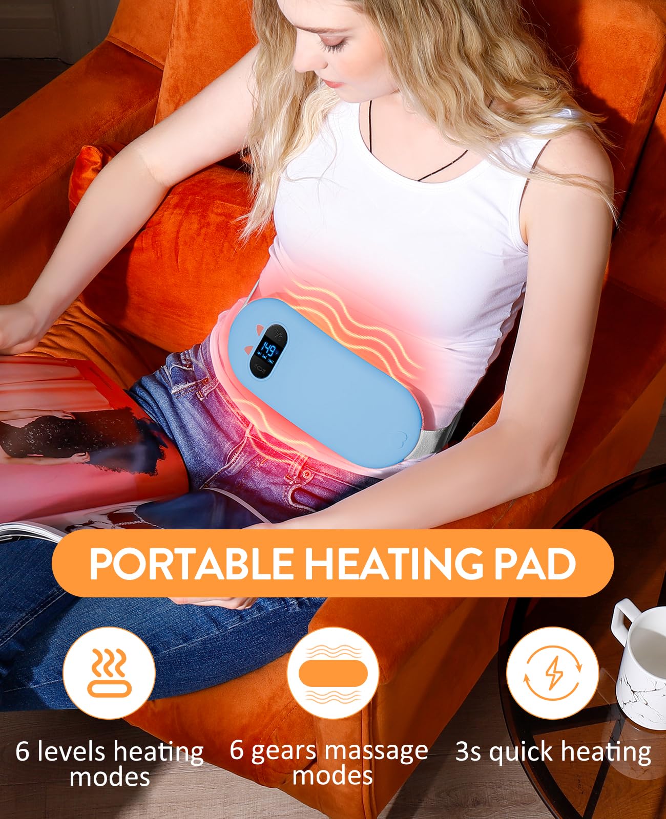 Portable Cordless Heating Pad, Heating Pads for Period Cramps, Back Pain with 6 Heat Levels 6 Massage Modes, Gift Set for Women
