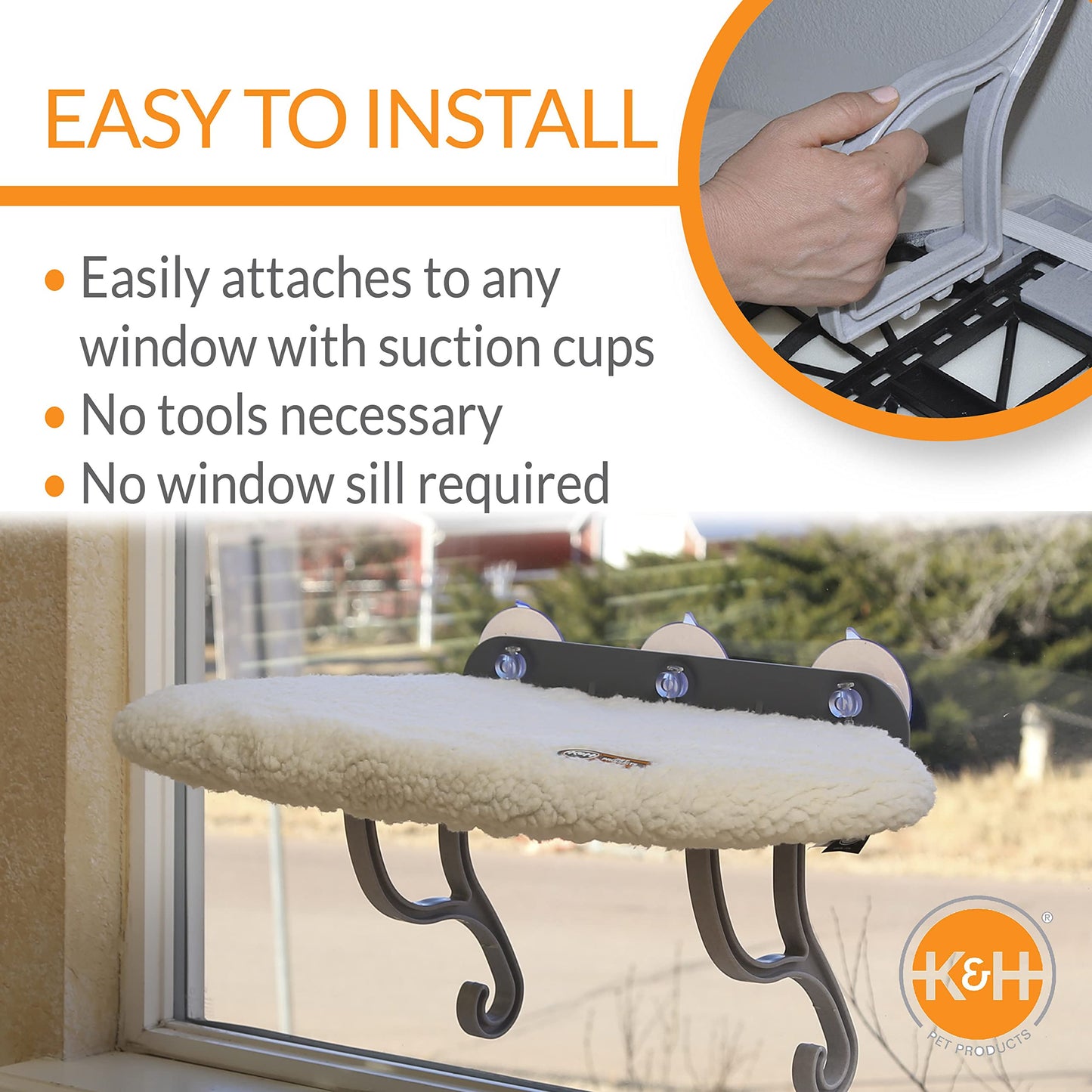 K&H Pet Products Universal Mount Cat Window Perch Bed for Large Cats, Orthopedic Window Hammock Holds 60 lbs, Sturdy Suction Cups, Washable Cover, Indoor Windowsill Furniture Bed - 14 X 24in Fleece