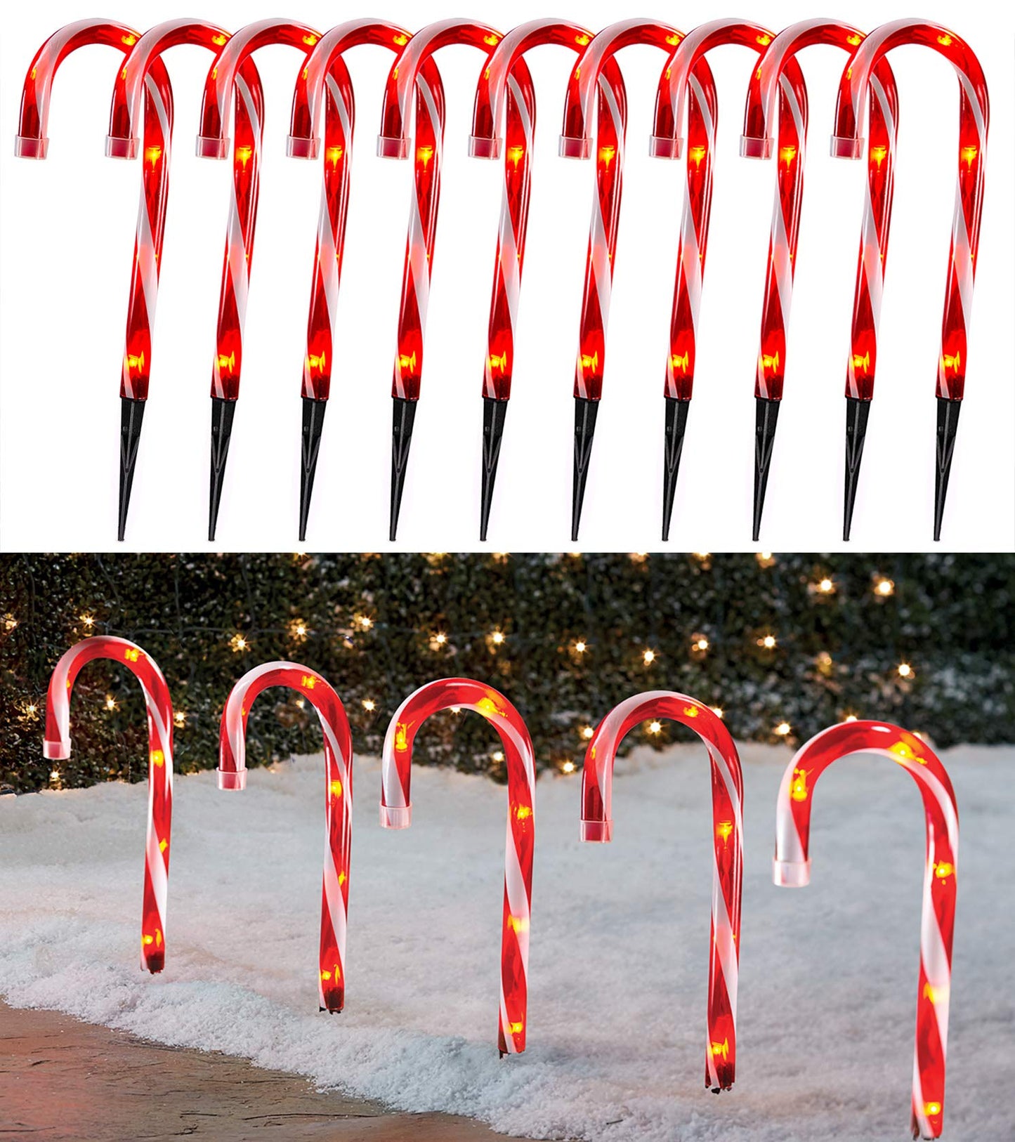 Christmas Candy Cane Lights Outdoor Pathway -10 Pack Lighted Candy Cane Pathway Markers Lights Walkway, 10 inch Candycane Christmas Sidewalk Outdoor for Yard Lawn Decorations