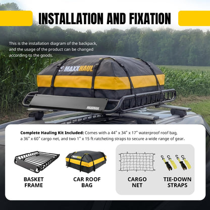MaxxHaul 51210 Roof Rack Cargo Carrier Set Steel 46" x 36" Basket with 44" x 34" x 17" Roof Bag, 36" x 60" Cargo Net, and Two 1" x 15 ft Ratchet Straps 150 lb Capacity