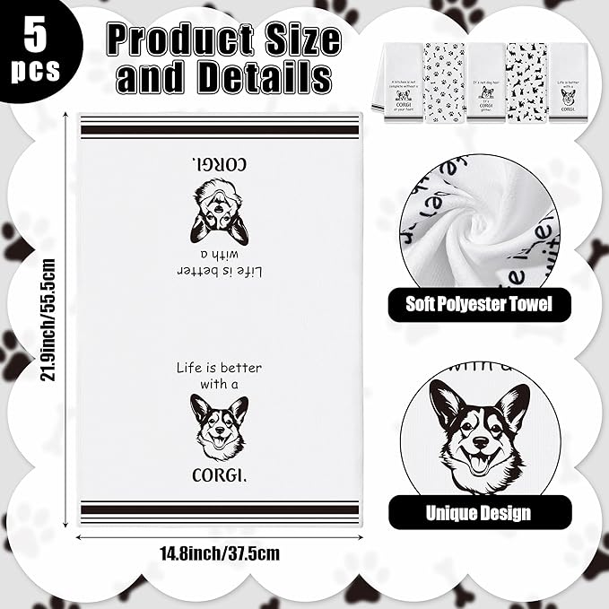 R HORSE Corgi Kitchen Dish Towel Set- 5Pcs Cute Corgi Cleaning Dishcloth Animal