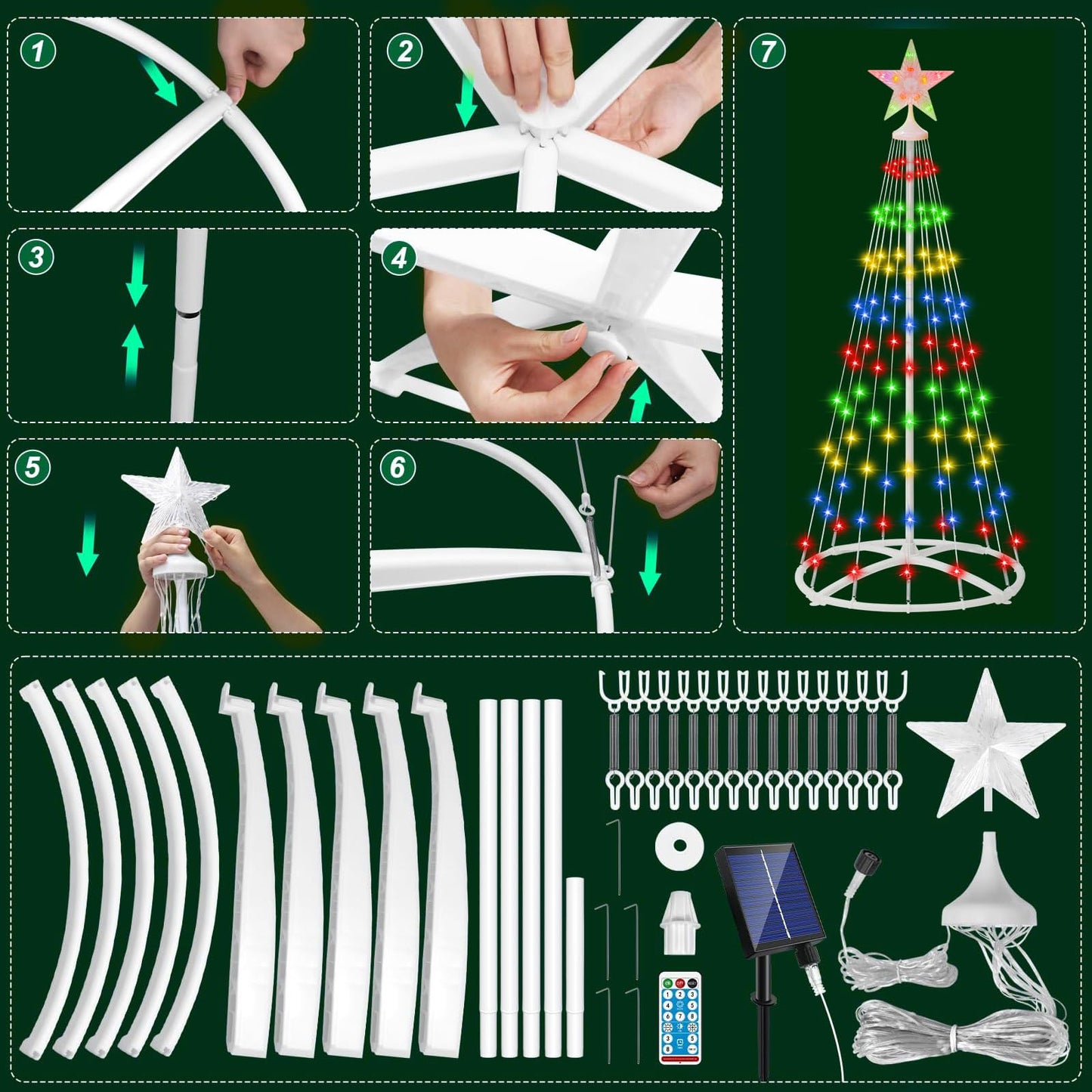 IDEAALS 4FT 118LED Outdoor Solar Christmas Cone Tree Lights, 8 Modes Timer Remote RGB Christmas Tree Lights with Star Topper for Xmas Yard Porch Patio Holiday Decor