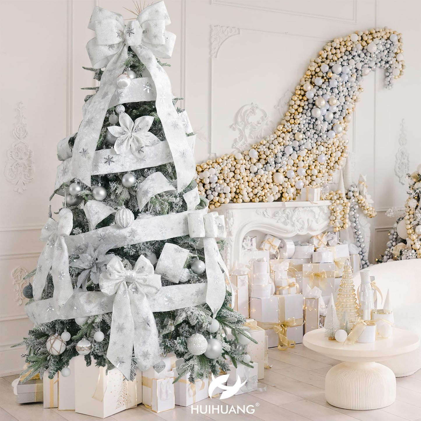 HUIHUANG White Christmas Ribbon 4 Inch Velvet Wired With Sequin Snowflakes - Silver and White for Tree Decoration, Top Bows, Garlands, Staircases, Wreaths - 10 Yards