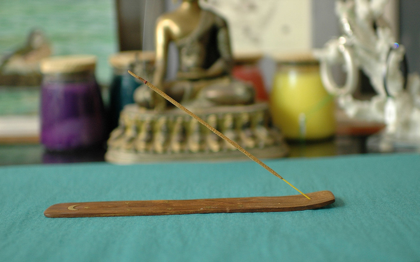 10 Pack Brass Moon and Stars Inlay Handmade Wooden Incense Stick Holders, Ash-Catchers