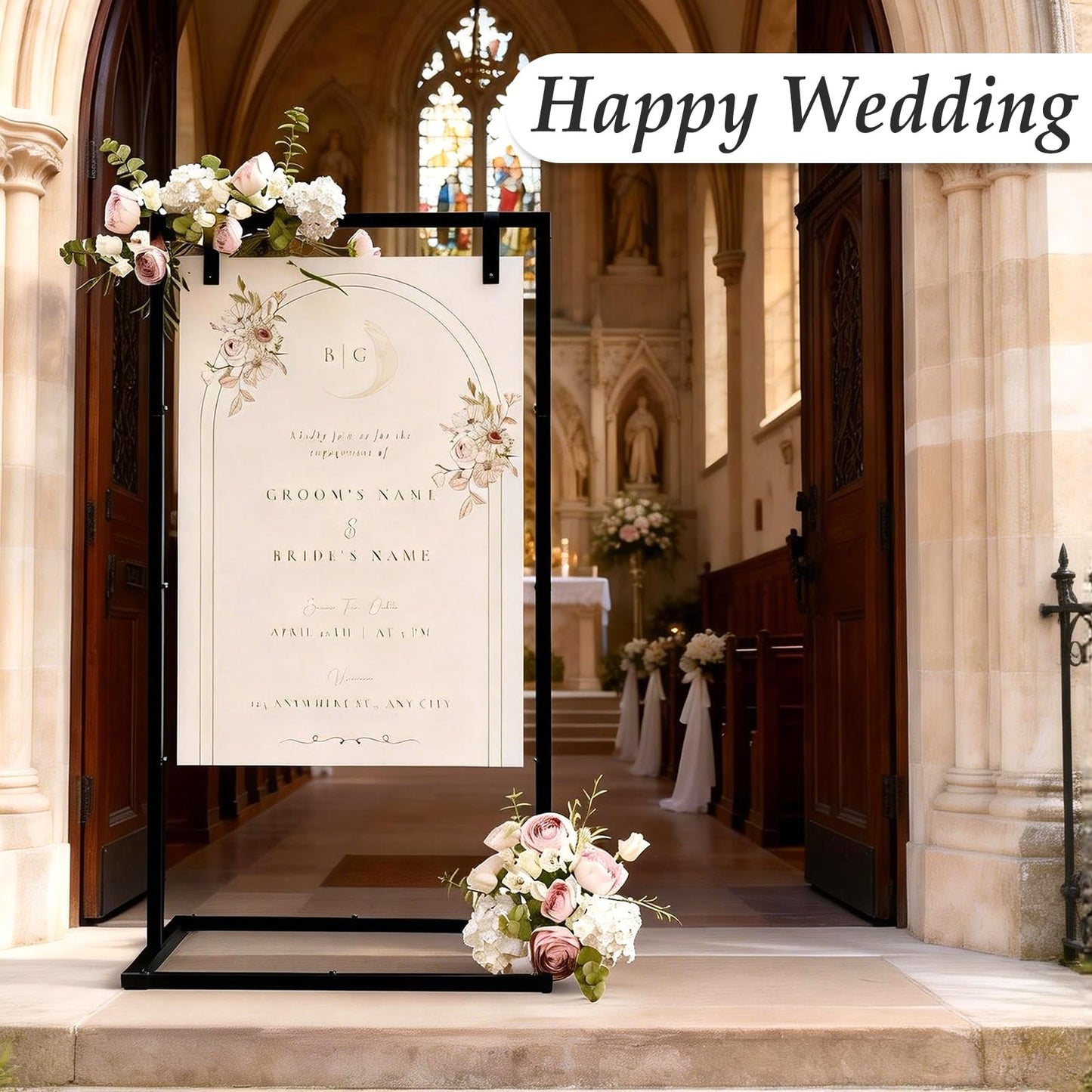 HzTinT Wedding Sign Stand, Adjustable Wedding Welcome Sign Stand with Carry Bag, Leather Hanging Straps, 8 Floor Pads - Black Easel Stand for Seating Charts & Wedding Decor