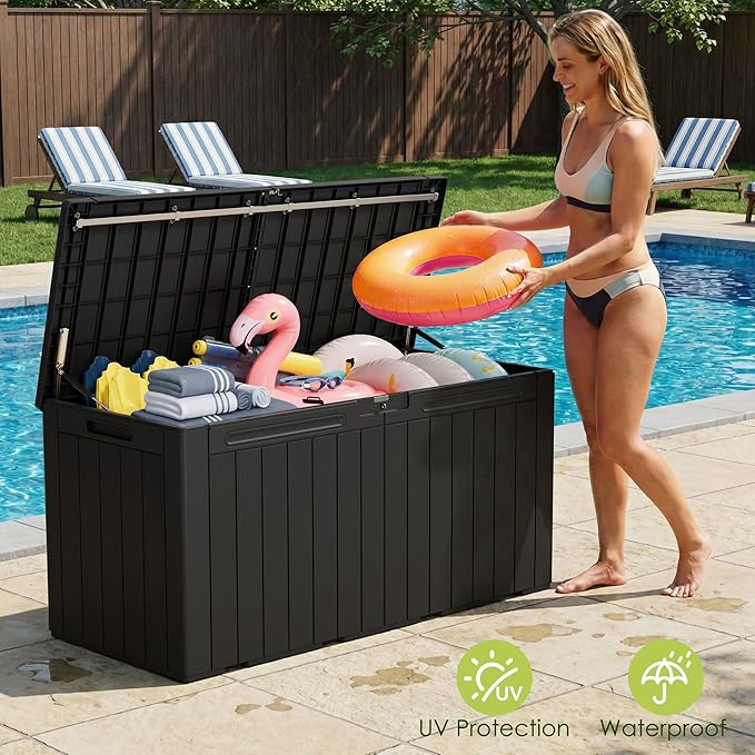 Devoko 100 Gallon Outdoor Storage Box, Waterproof Resin Deck Box for Patio Furniture, Lockable Container for Garden Cushions & Pool Supplies (Black, 100 Gallon)