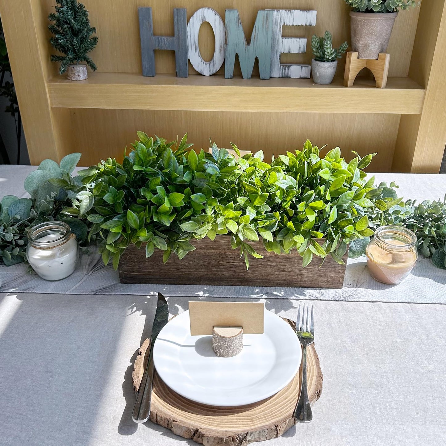 Winlyn 14" Artificial Boxwood Plants in Rectangular Wood Planter Farmhouse Greenery Arrangement Centerpiece Faux Potted Herb Plant for Wedding Dining Room Table Kitchen Windowsill Mantel Shelf Décor