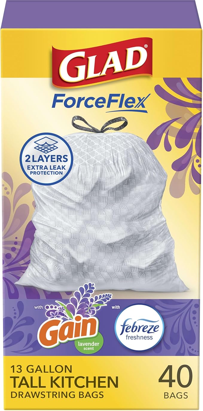 Glad ForceFlex Tall Kitchen Trash Bags, 13 Gal, Gain Lavender