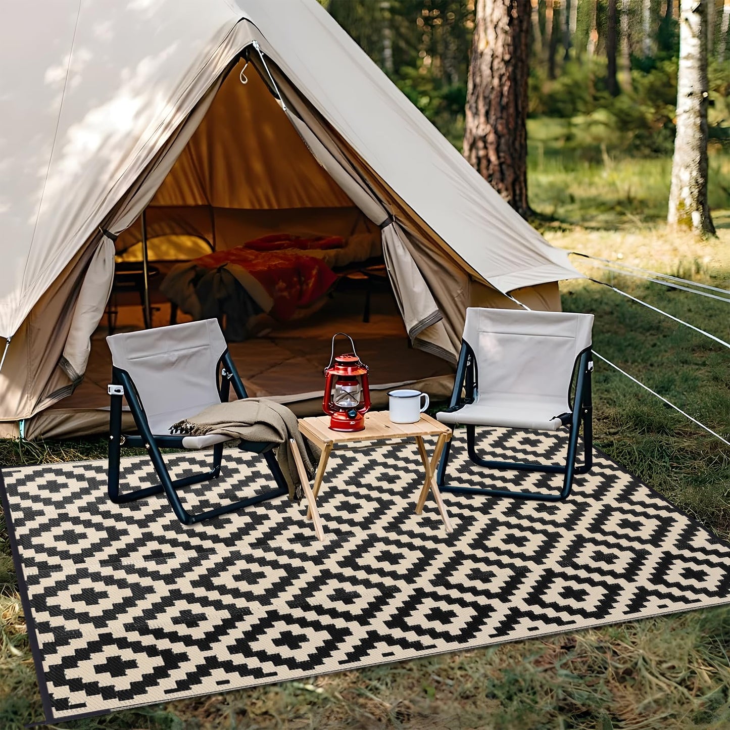 OLANLY Waterproof Outdoor Rug 10x14 ft, Outdoor Plastic Straw Rug for Camping, RV Mat Outside, Outdoor Carpet for Porch, Deck, Backyard, Balcony, Picnic, Black & Beige