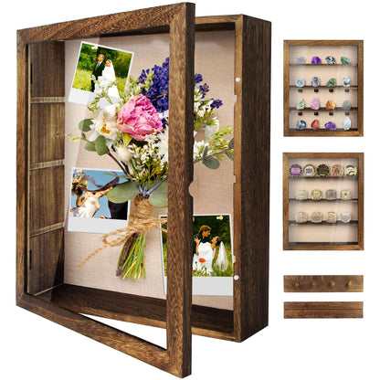 YEPOTUE Shadow Box Frame 11x14, Deep Shadow Box Display Case with Linen Back and Removable Shelves, Wooden Memory Box for Wedding Bouquet, Photos, Medals, Keepsakes (Brown)