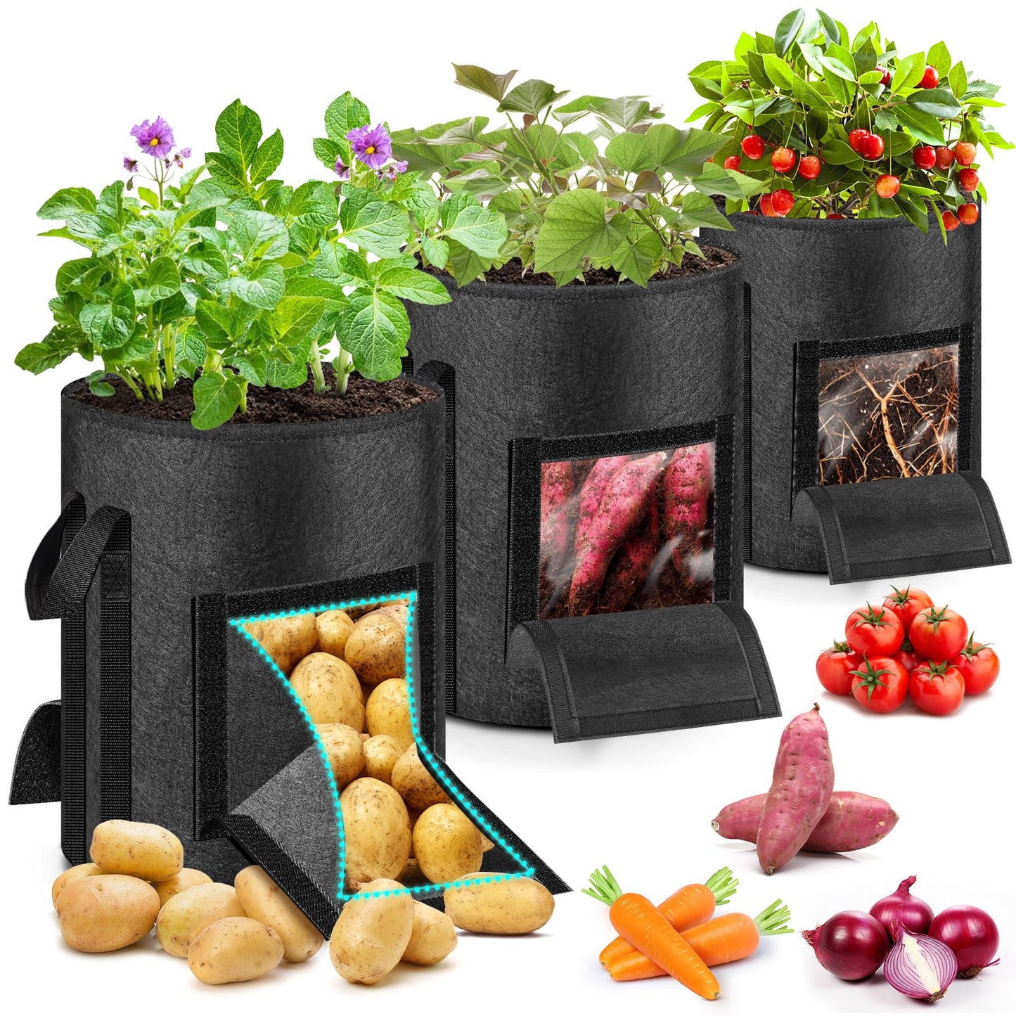 MJZ 3 Pack 15 Gallon Potato Grow Bags with Harvest Observation Windows, 380G Thickened Potato Bags for Growing Potatoes, Heavy Duty Nonwoven Fabric Garden Growing Containers to Grow Vegetable Tomatoes