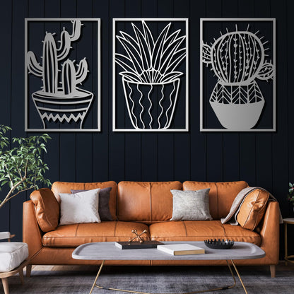 Metal Cactus Wall Decor, 3 Pcs Cactus Wall Art, Southwest Desert Wall Art, Large Plant Wall Decor, Natural Themed Metal Wall Hanging, Wall Art for Living Room, Yard, Outdoor (Black, 53"x105" | 134x270cm, metal wall art)