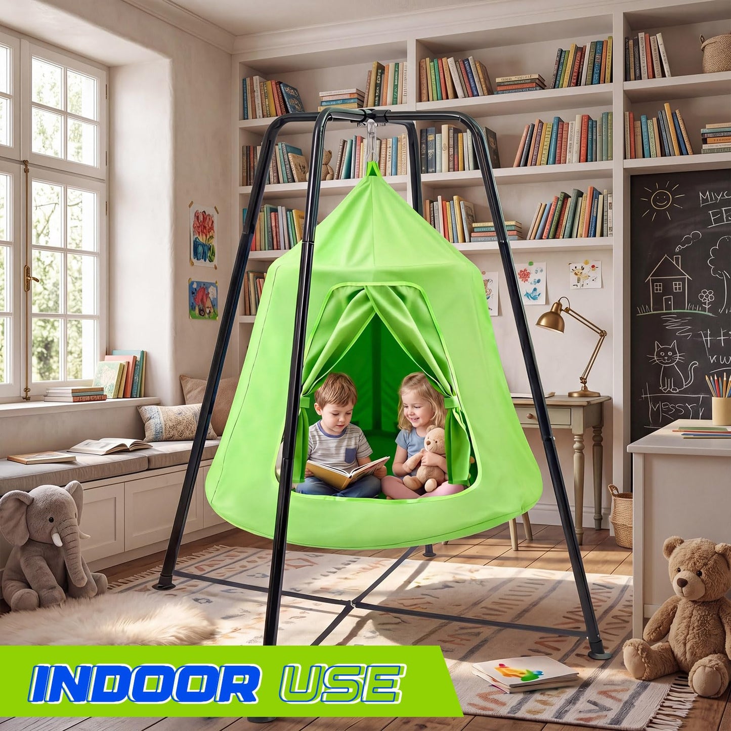 LaRandom X-Shaped Swing Stand Frame with Tent Sensory Swing for Kids Adults Indoor Outdoor Use 330 Lbs Capacity Detachable Heavy Duty Hanging Chair Hammock Nest Pod with Stand for Mutiple Kids(Green)