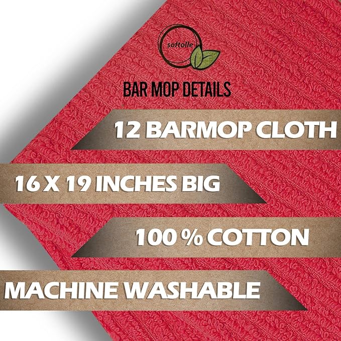 Softolle Bar Mop Towels, 16x19 Inches, 100% Cotton, Kitchen and Bar Cleaning