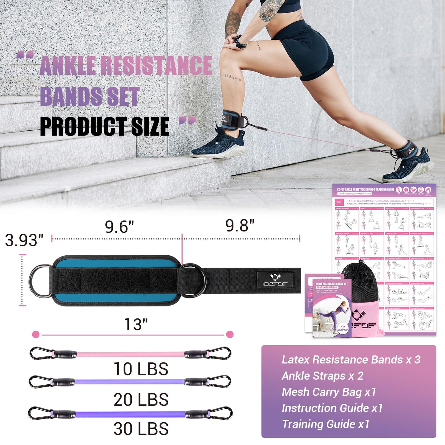 Ankle Resistance Bands With Cuffs for Working Out, Kickbacks, Hip, Leg and Glute Exercise - Training Poster Included - for Women
