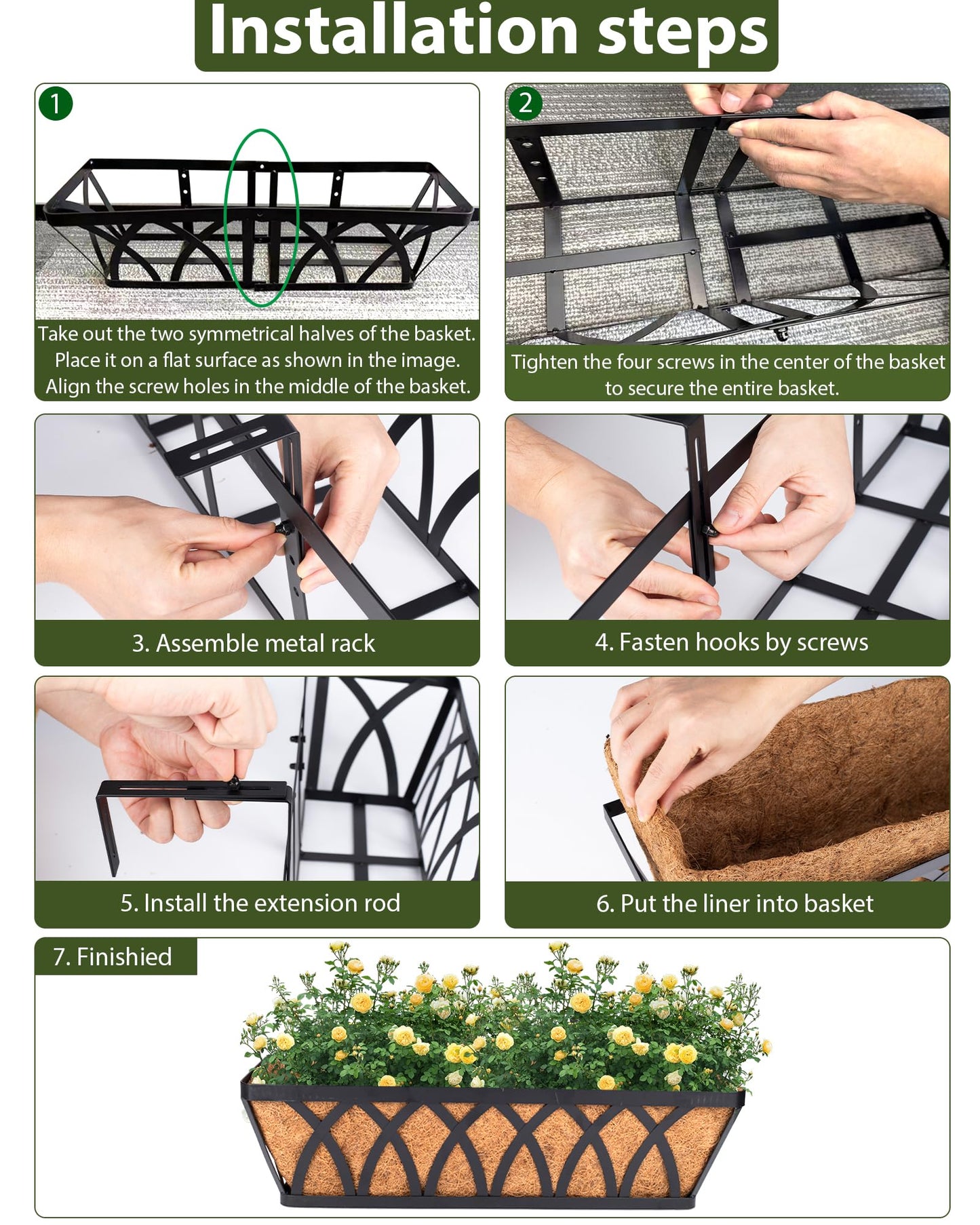 LCHUANG Deck Railing Planter Window Box - 3 Pack 24 Inch Deck Balcony Rail Planter with Coconut Coir Liner, Fence Metal Hanging Flower Planter Basket Deck Railing Planter Boxes for Outdoor Lawn