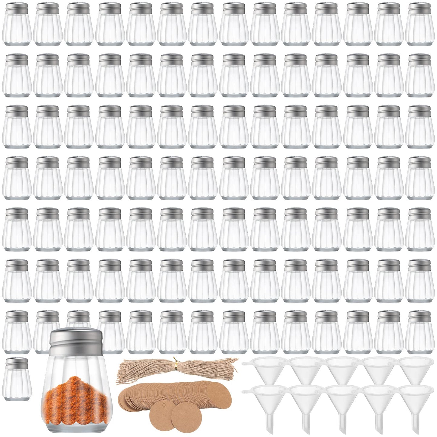 100 Pack Mini Salt and Pepper Shakers Bulk Glass Salt and Pepper Holders Small Clear Parmesan Cheese Spice Shaker Tiny Retro Style Dispensers with 10 Plastic Mini Funnels 100 Tags 100 Ropes