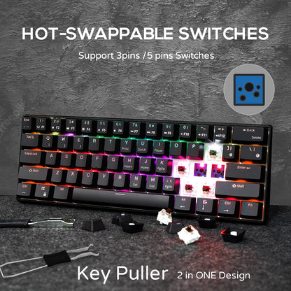 RK ROYAL KLUDGE RK61 60% Mechanical Keyboard with Coiled Cable, 2.4Ghz/Bluetooth/Wired, Wireless Bluetooth Mini Keyboard 61 Keys, RGB Hot Swappable Red Switch Gaming Keyboard with Software - White