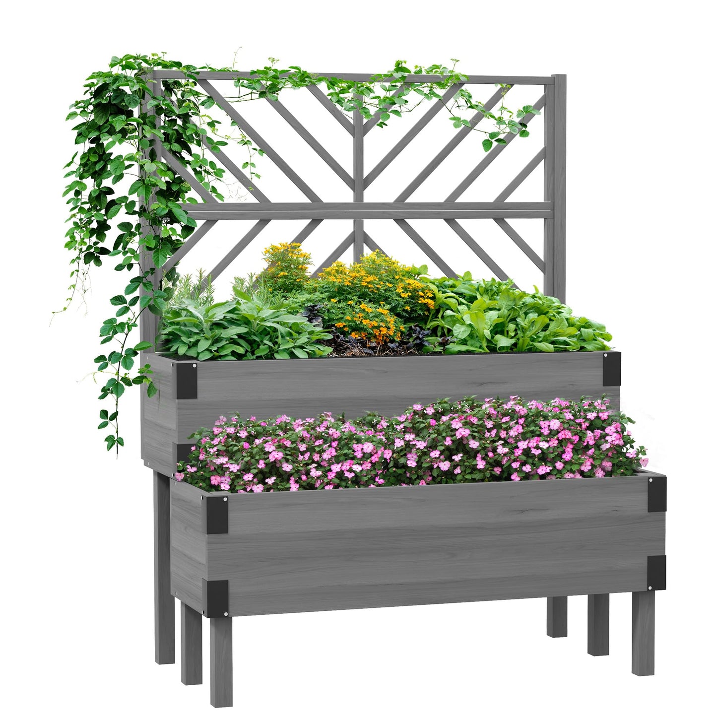 Outsunny 2-Tier Raised Garden Bed with Trellis, Wooden Elevated Planter Box with Drainage Holes, Liners, Metal Corners, Trellis Planter for Climbing Plants, Flowers, Herbs, 42.5" x 25.5" x 55", Gray