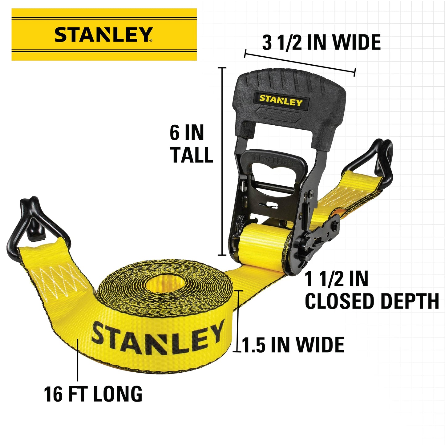 STANLEY S1007 Black/Yellow 1.5" x 16' Ratchet Tie Down Straps - 1,100 lb Safe Working Load / 3,300 lb Break Strength, 2 Pack