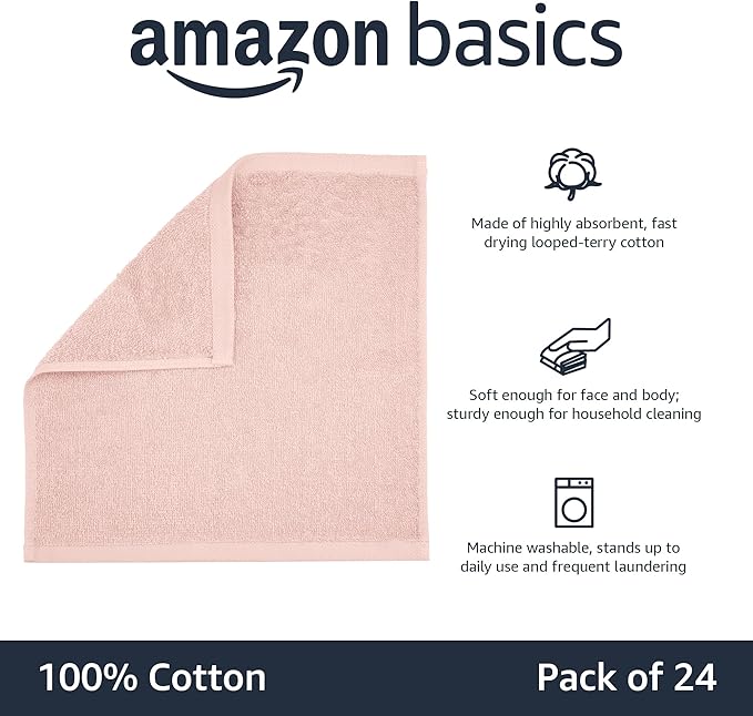 Amazon Basics face Towels for Bathroom, 100% Cotton Extra Absorbent washcloth