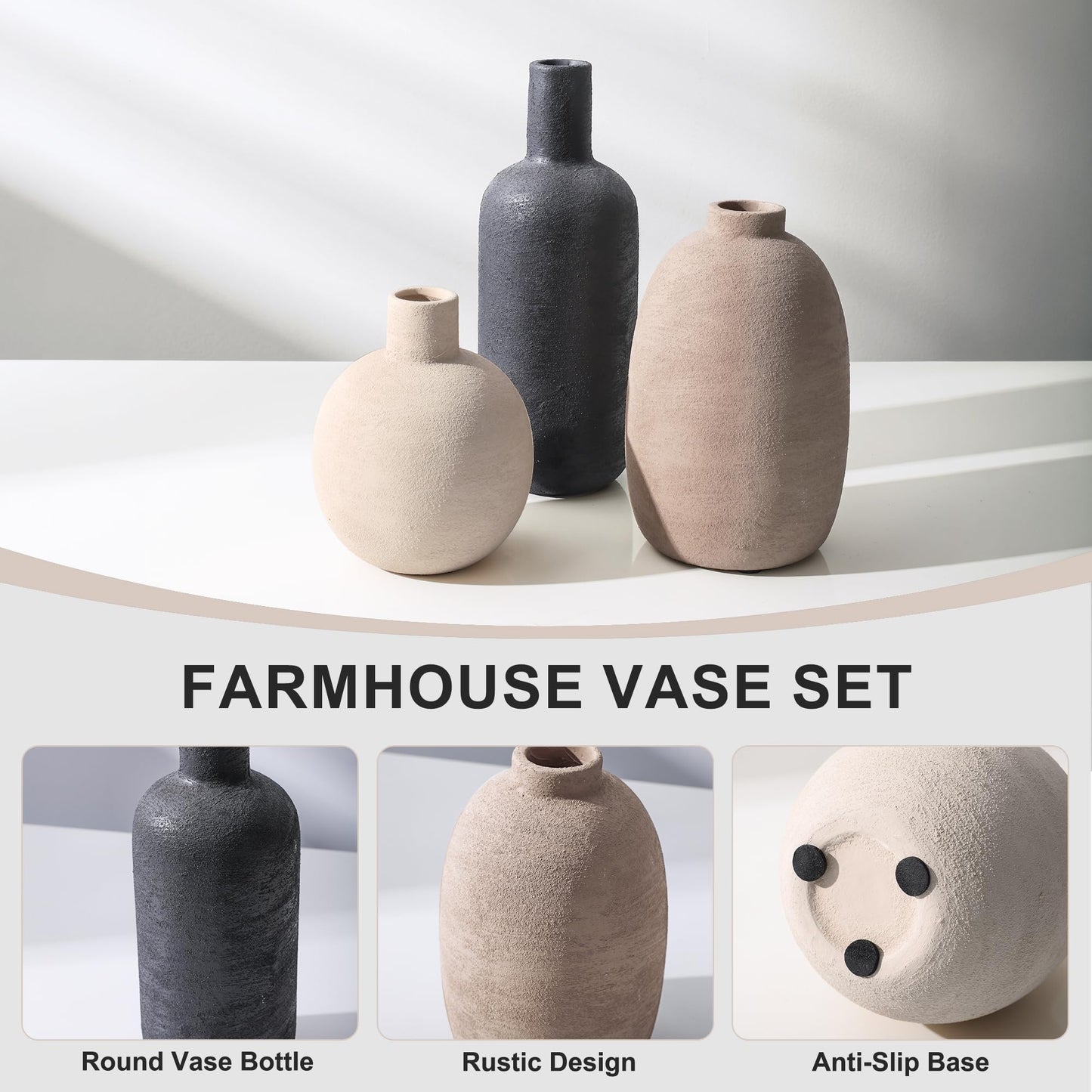 Ceramic Vase Set, Rustic Distressed Large Flower Vases in Pottery Decor, Modern Boho Farmhouse Decor for Pampa Grass, Dried & Fresh Flowers, Decorative Vase for Living Room, Kitchen, Entryway, Black