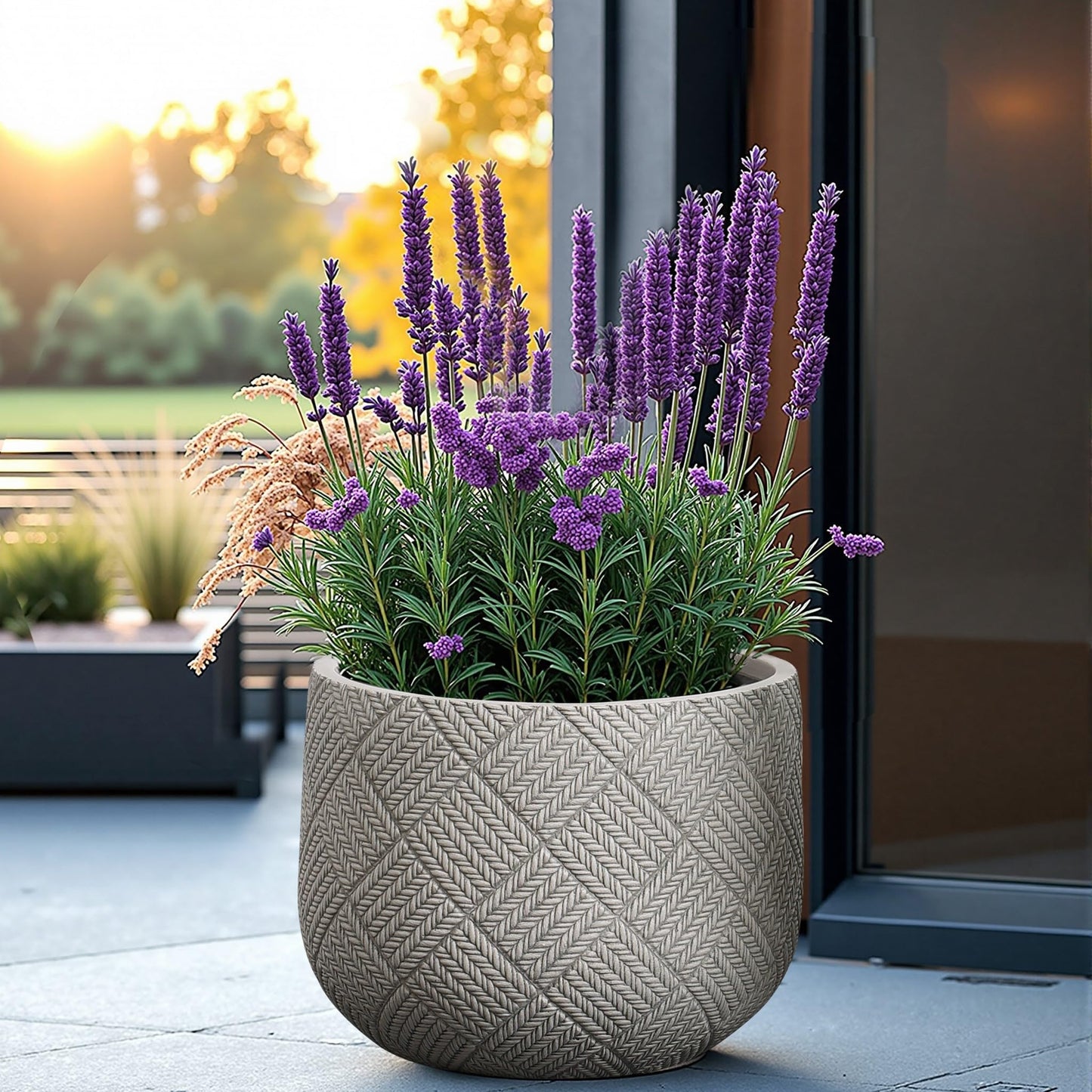 LuxenHome 17.5-Inch Dia Round Concrete Planters, Large Outdoor Indoor Decorative Plant Pots with Drainage Holes and Rubber Plug, Modern Gray Glen Woven Pattern Flower Pot Planter for Home Garden Patio