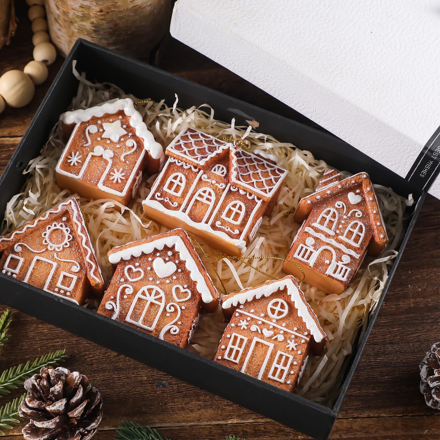 Weysat 6 Pcs Christmas Gingerbread House Ornament Glitter Christmas Tree Decorations Brown Gingerbread House Hanging Ornament for Xmas Tree Home Winter Party Decoration