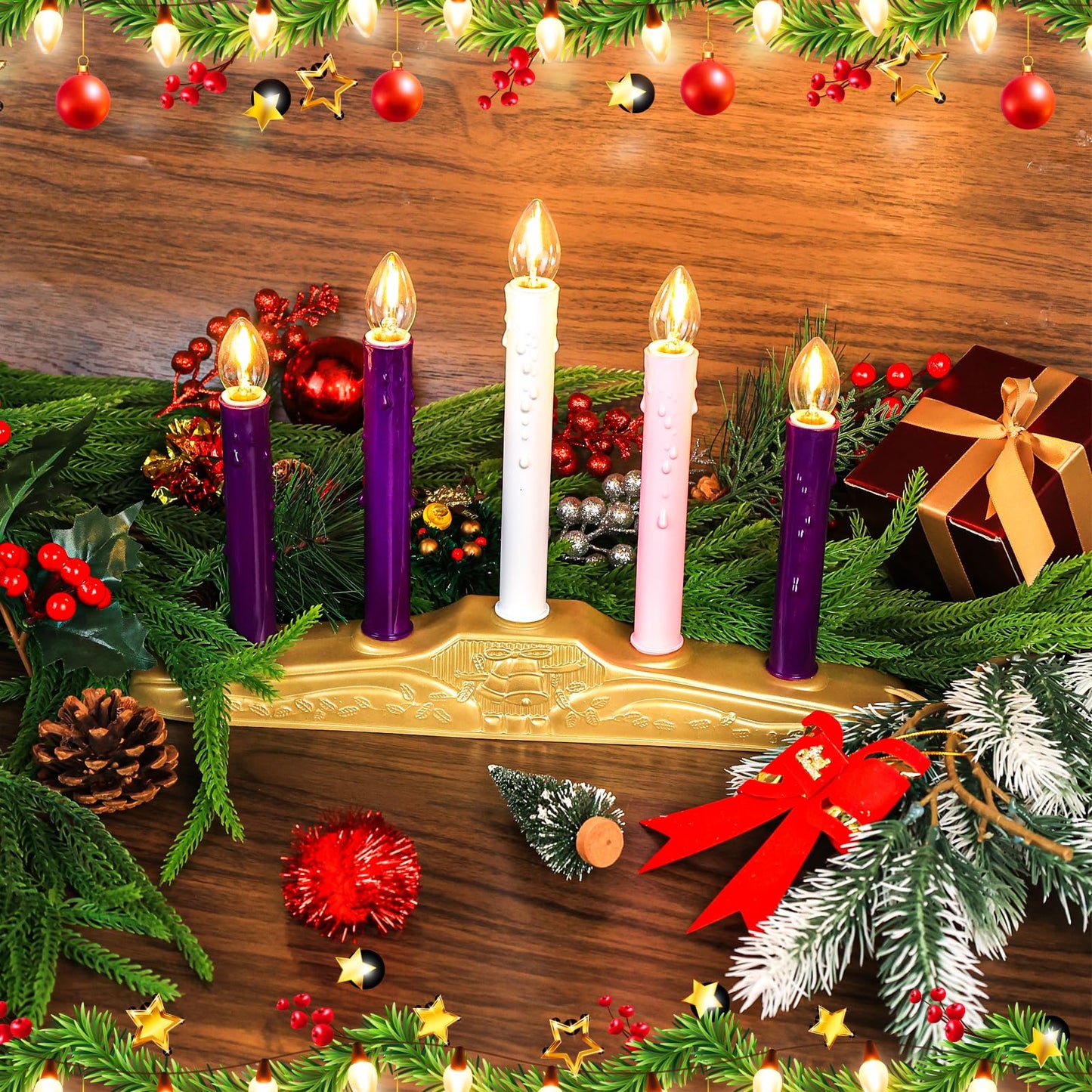 AFOROEOA 5 Light Christmas Electric Window Candles, Christmas Flameless Advent Candle Set with Purple Pink White Taper Candles 5 Bulbs 3ft Wire E12 Candelabra Base Window Candle for Home Table Decor